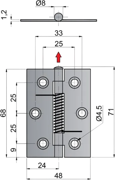 Dimensions of KZ spring hinge 68 x 48 mm